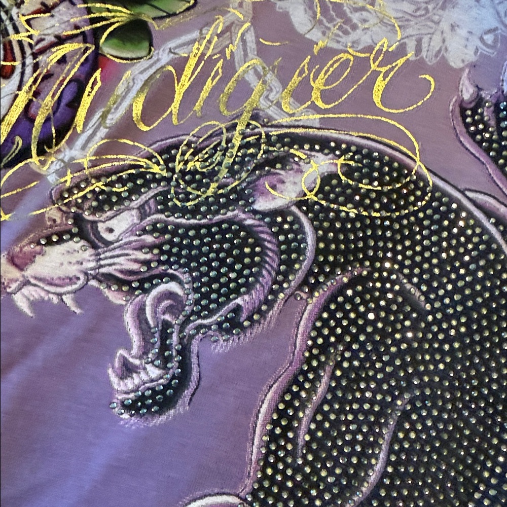 Y2K Christian Audigier Rhinestone Graphic Shirt - Purple - Picture 5 of 11